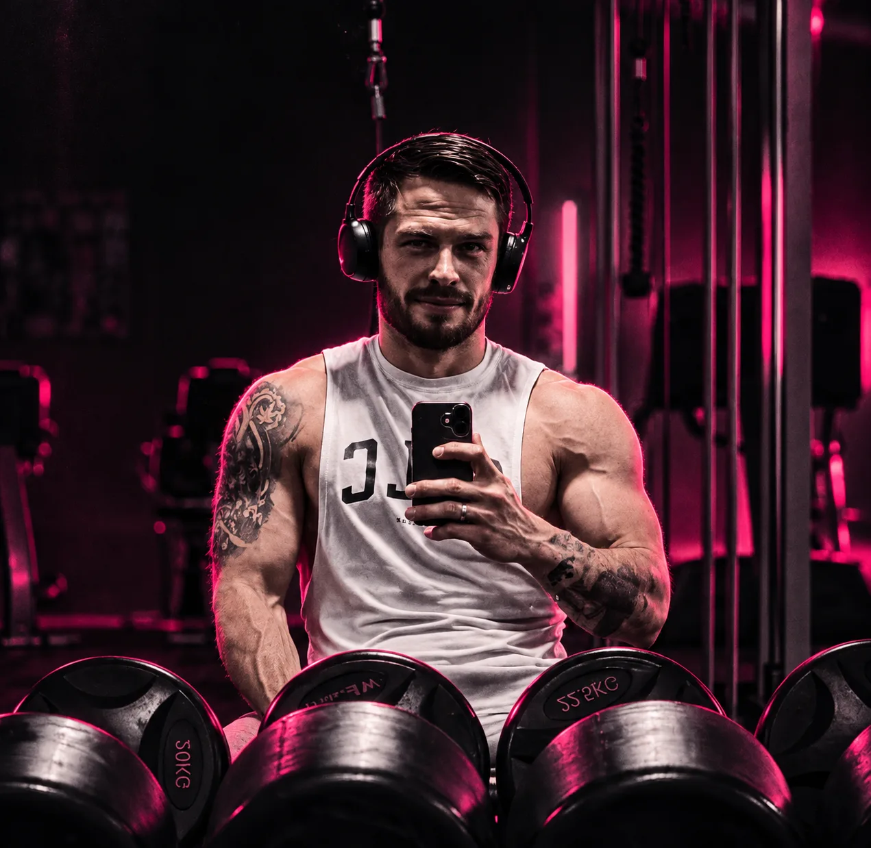Alex in the gym wearing headphones, taking a mirror selfie behind a row of dumbbells